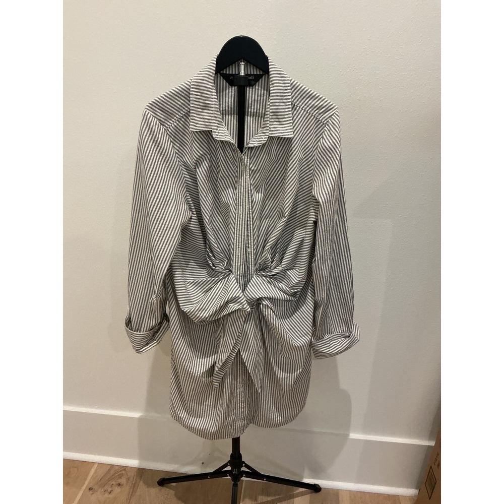 Norma Kamali Grey White Stripe Tie Front Shirt Dress NKL1807P Mattress Tick XL
